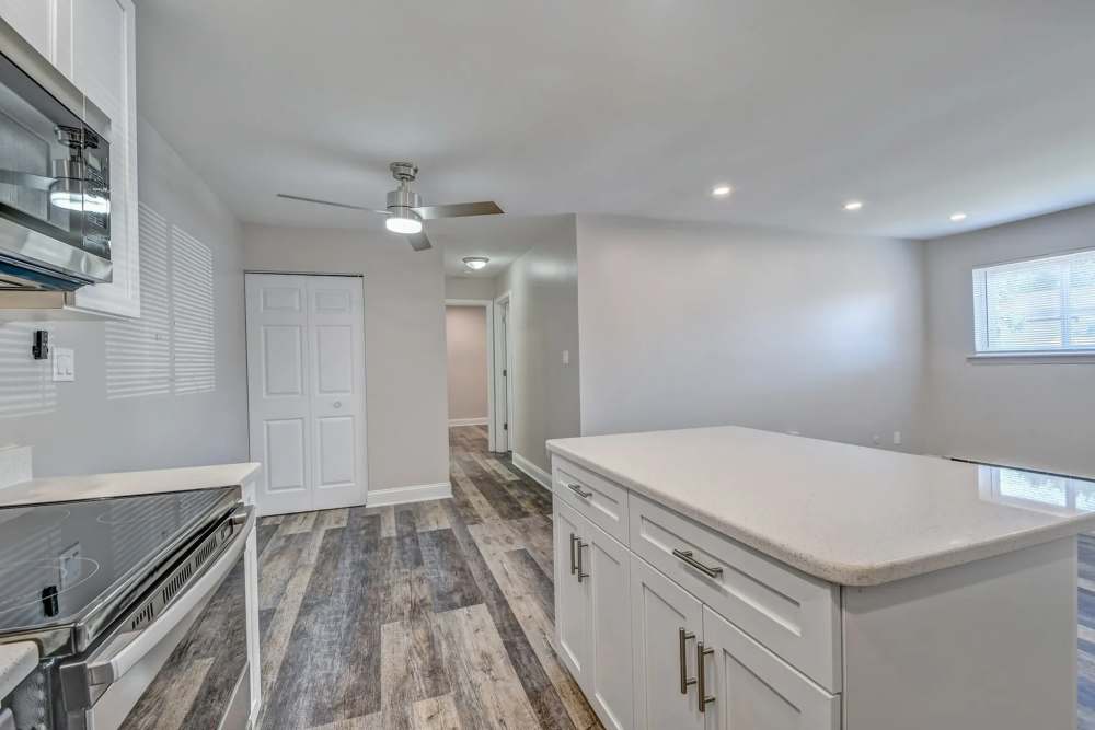 Kitchen with ceiling fan at Hidden Creek, Crown Point, Indiana