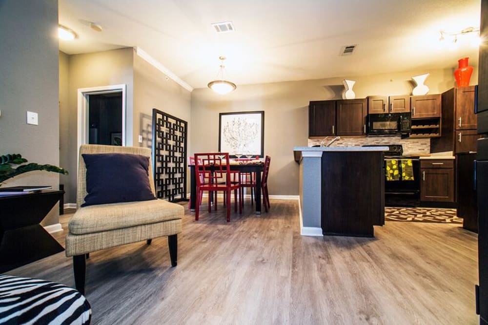 An apartment living room and kitchen at Providence Trail in Mt Juliet, Tennessee