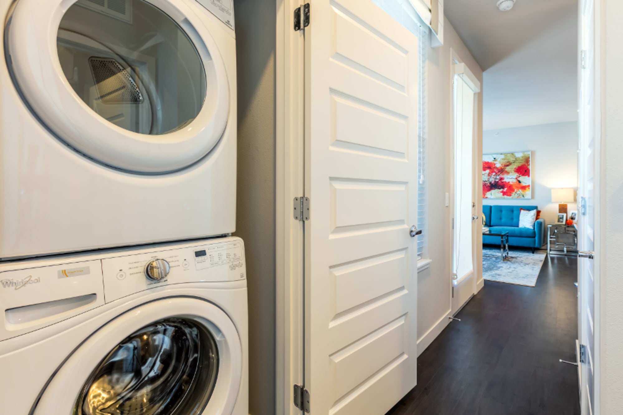 A stacked washer and dryer at Strata Apartments in Denver, Colorado