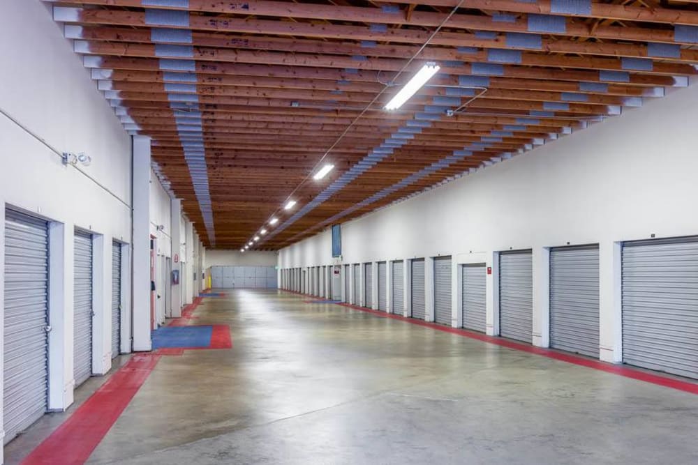 Wide hallways at Factoria Security Self Storage in Bellevue, Washington.