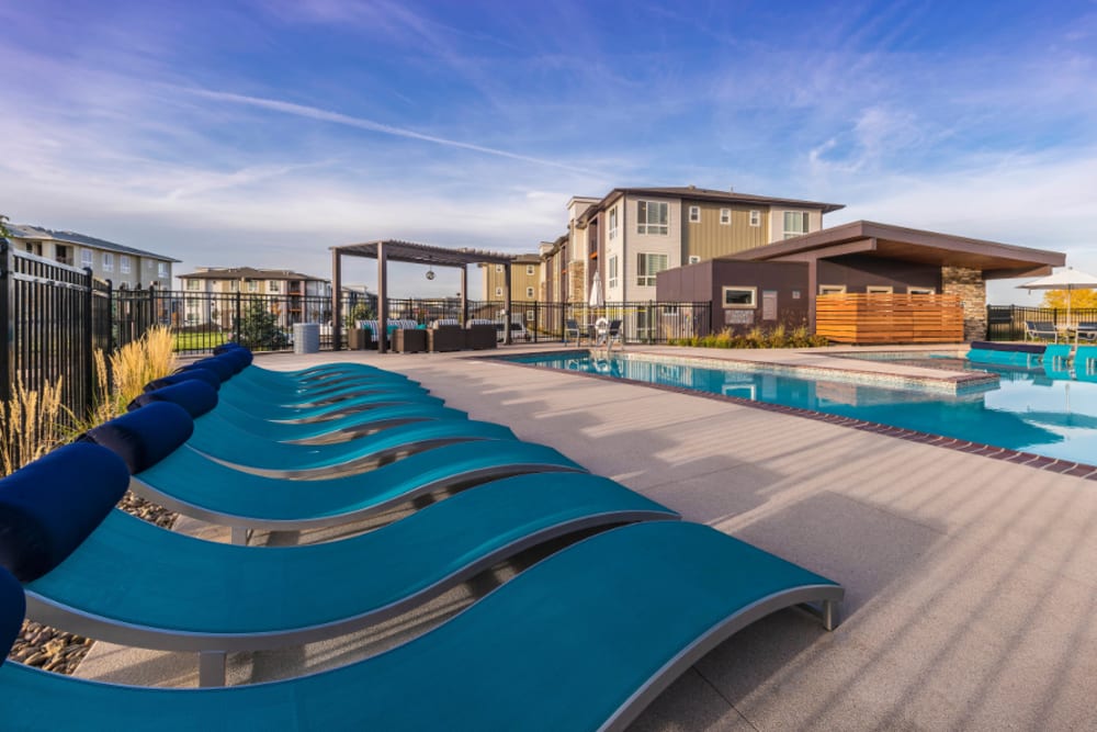 Swimming pool with in-pool loungers at Strata Apartments in Denver, Colorado
