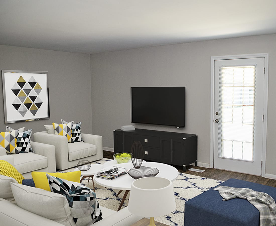 Wood-style flooring in an apartment living roo at Oaks at Northgate in Durham, North Carolina