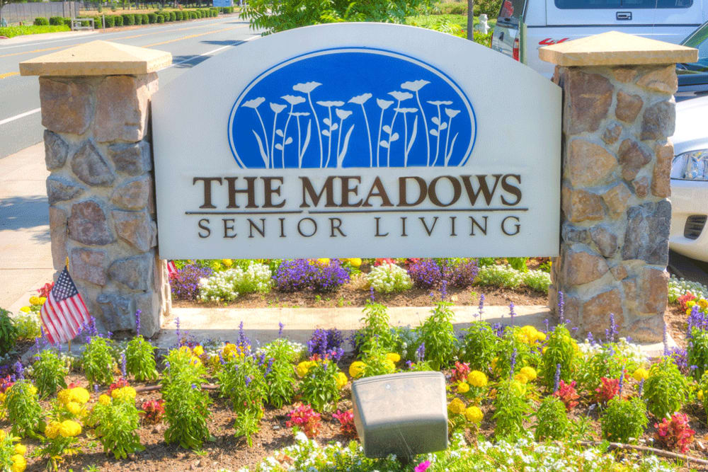 The sign for The Meadows - Assisted Living in Elk Grove, California