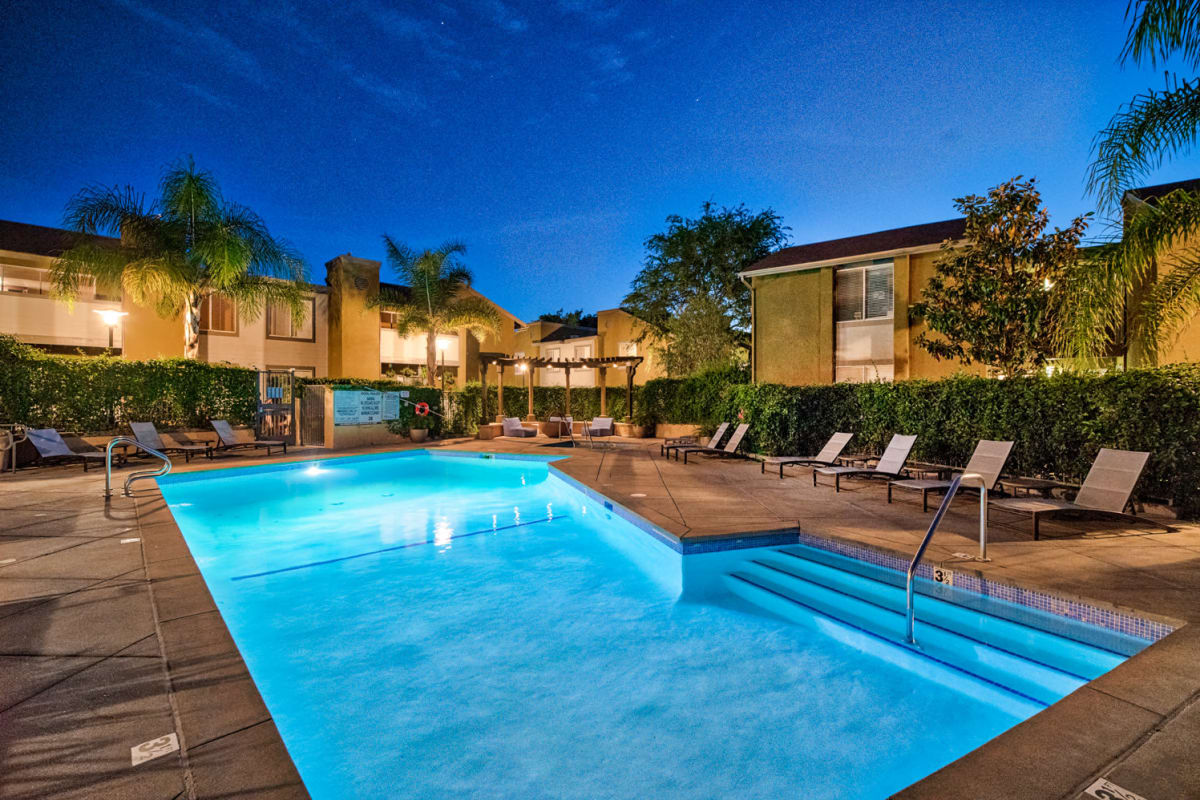 Sunset view of beautiful pool at River Ranch, Simi Valley, California