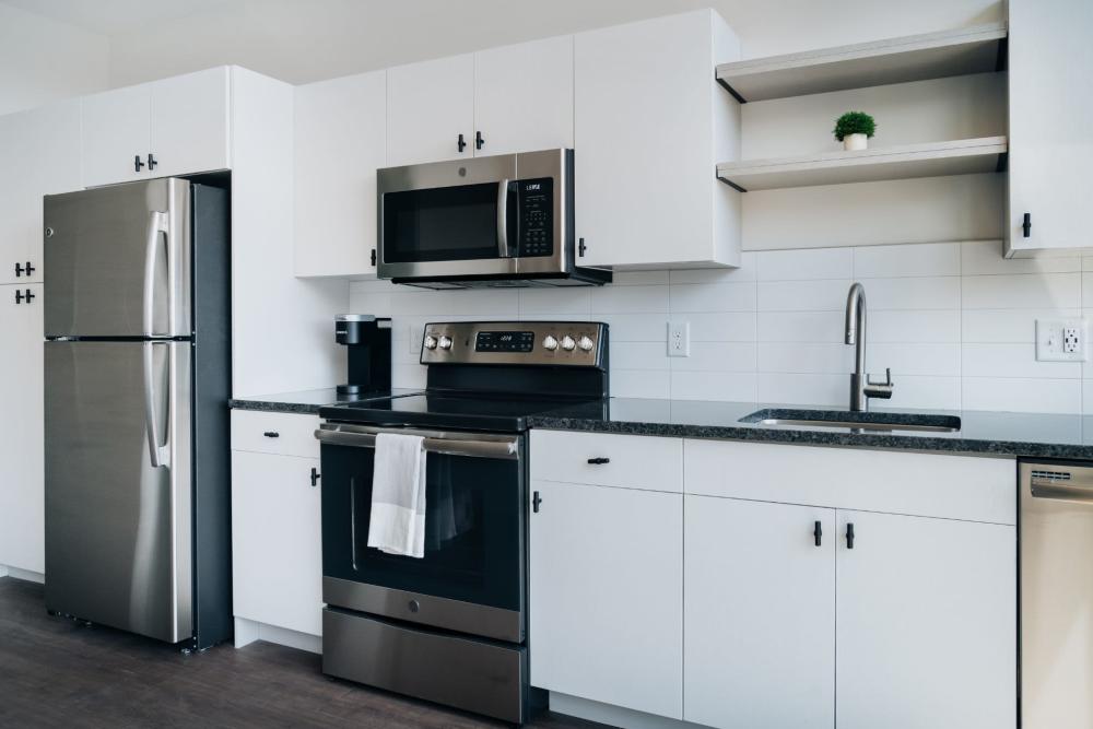 Rendering of kitchen at Studio Park Lofts & Tower in Grand Rapids, Michigan