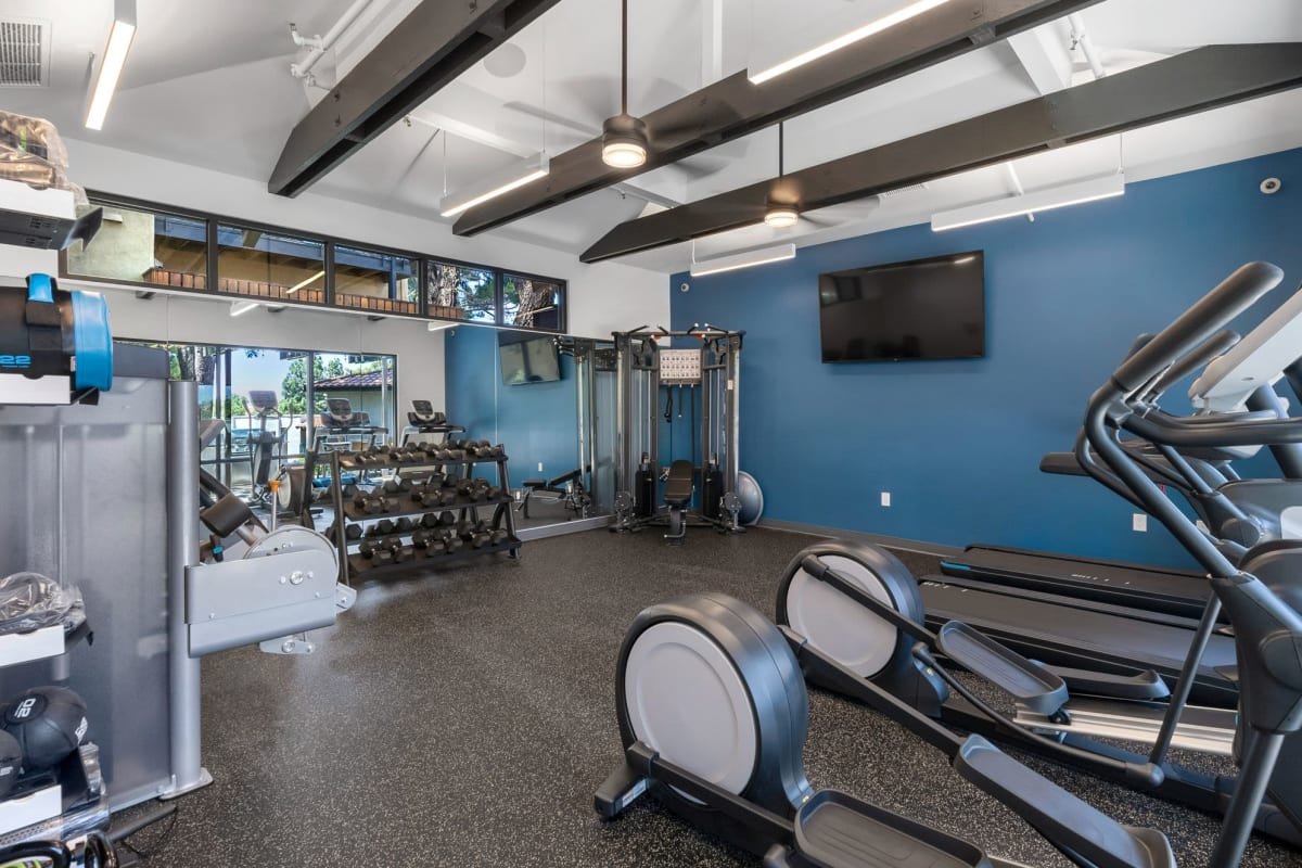 Modern fitness center at Los Robles Apartments, Thousand Oaks, California