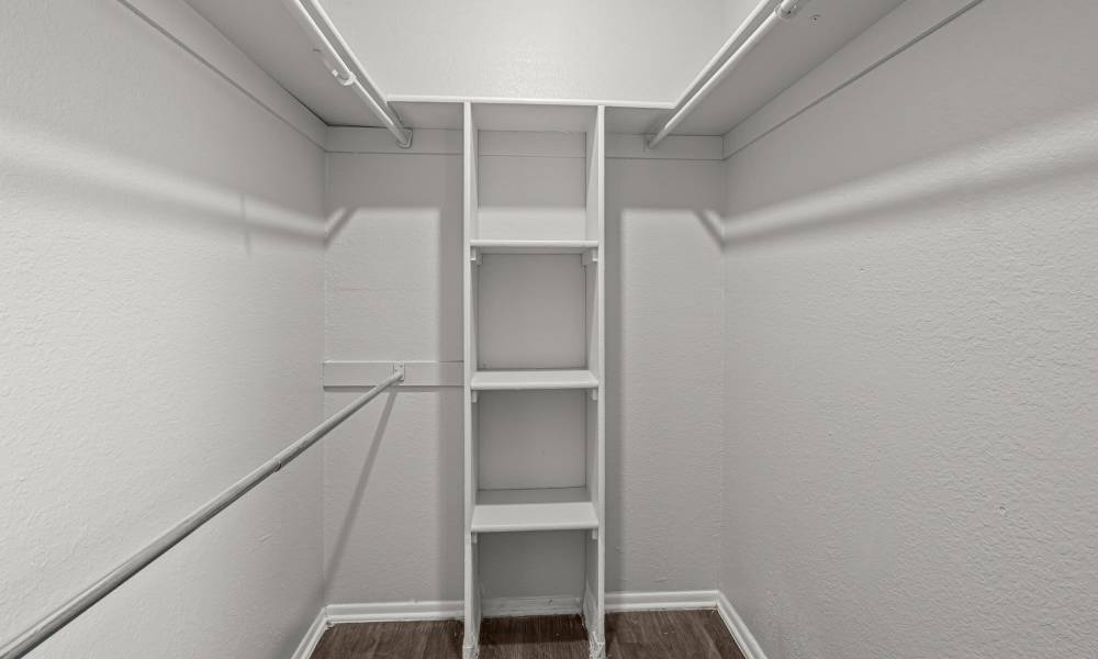 Walk-in closet with shelves at Pine Oaks Apartments in Mesquite, Texas