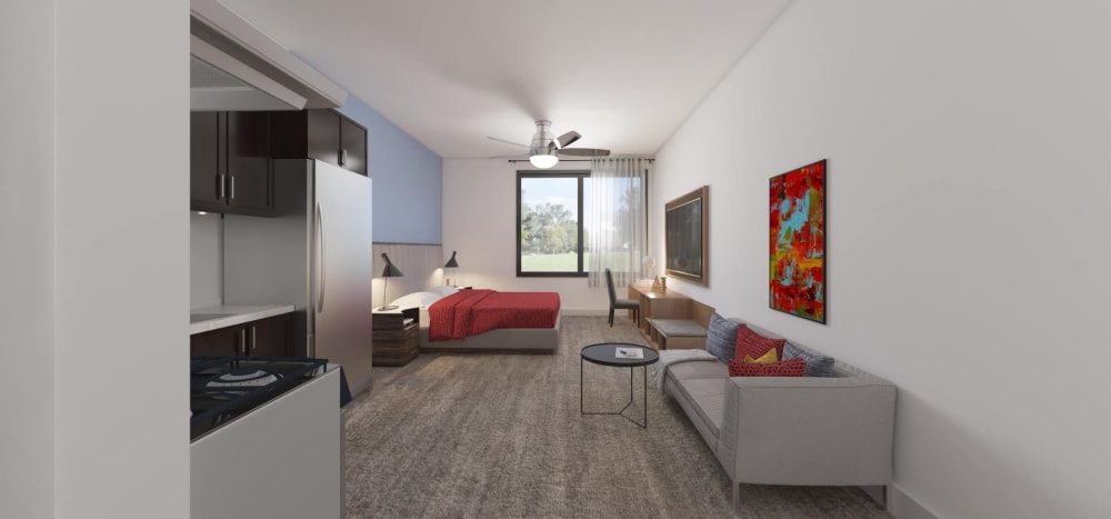 Rendering of modern studio apartment at Thea Apartments in Tacoma, Washington