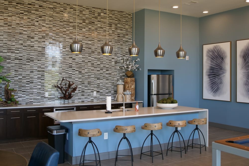 Community kitchen and pendant lighting at Argon in Oklahoma City, Oklahoma