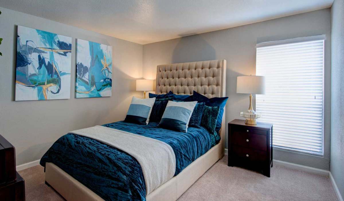 Bedroom with vaulted ceilings at University Green Apartments in Houston, Texas