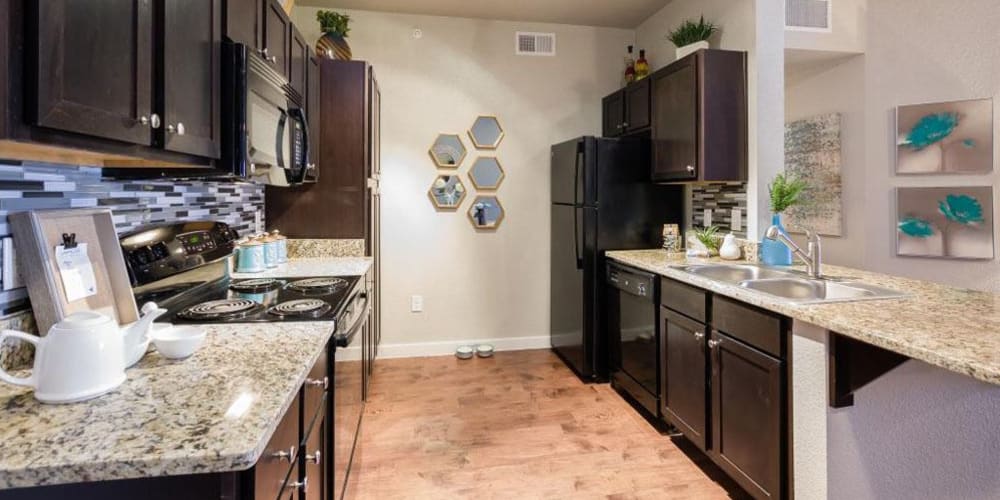 Dark wood cabinets and ample counter space in the kitchen at Verandas at Alamo Ranch in San Antonio, Texas