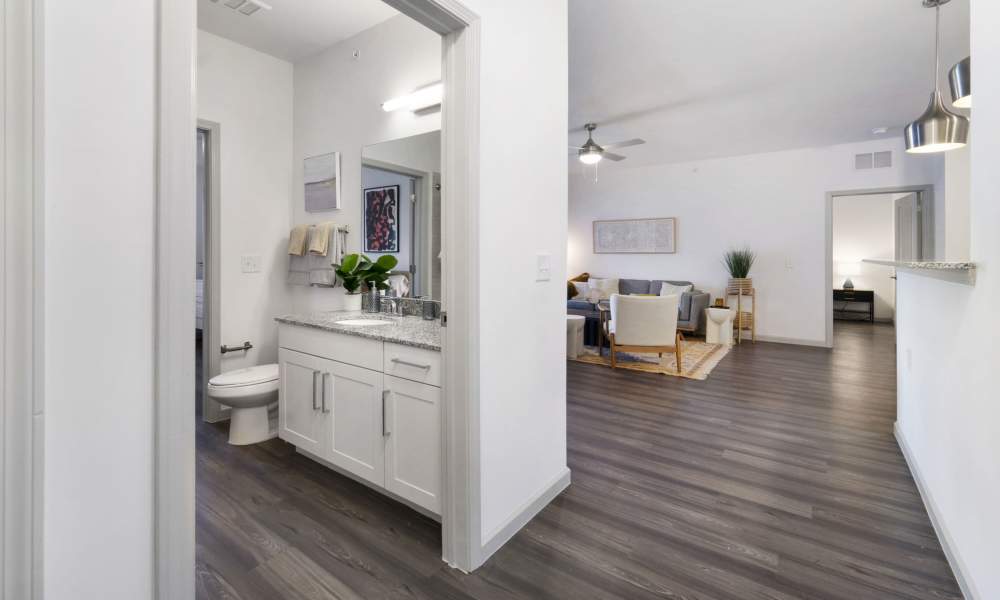 Common bathroom in living area at The Warrick in Nashville, Tennessee
