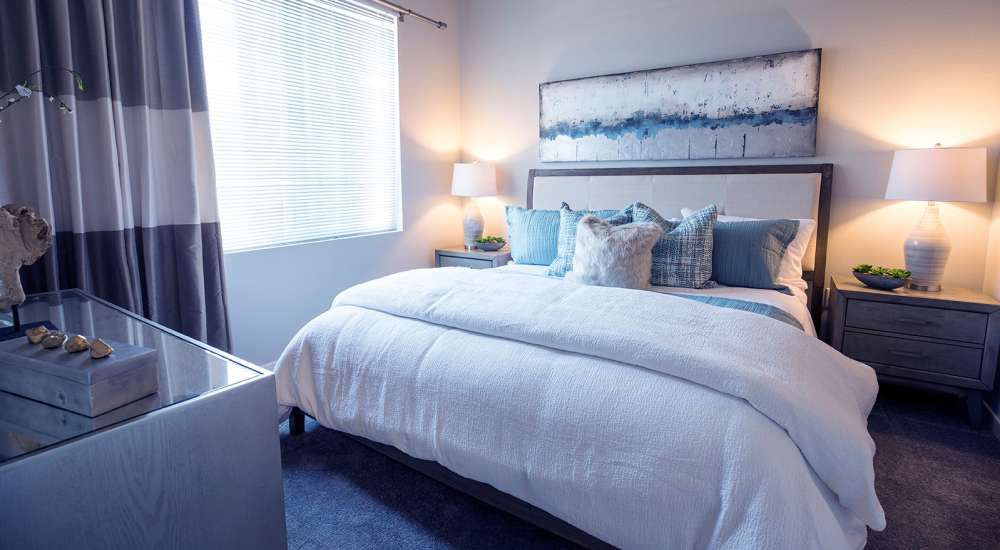 Spacious bedroom with air conditioning at Citrine Apartments in Healdsburg, California