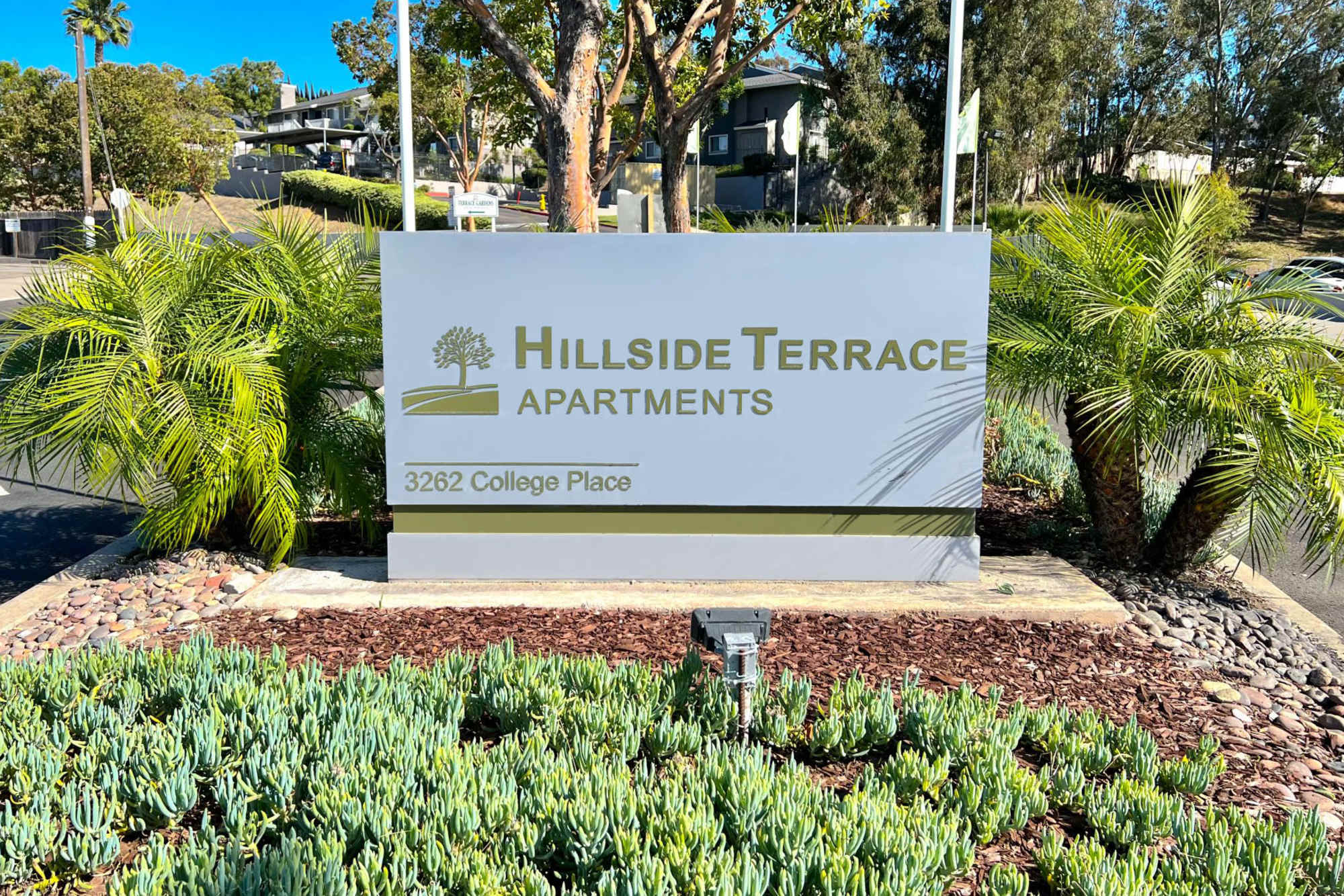 The monument sign at Hillside Terrace Apartments in Lemon Grove, California