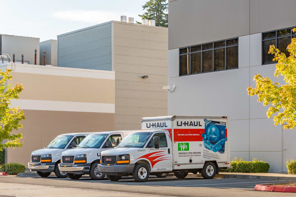 Moving trucks at Redmond Ridge Self Storage in Redmond, Washington.