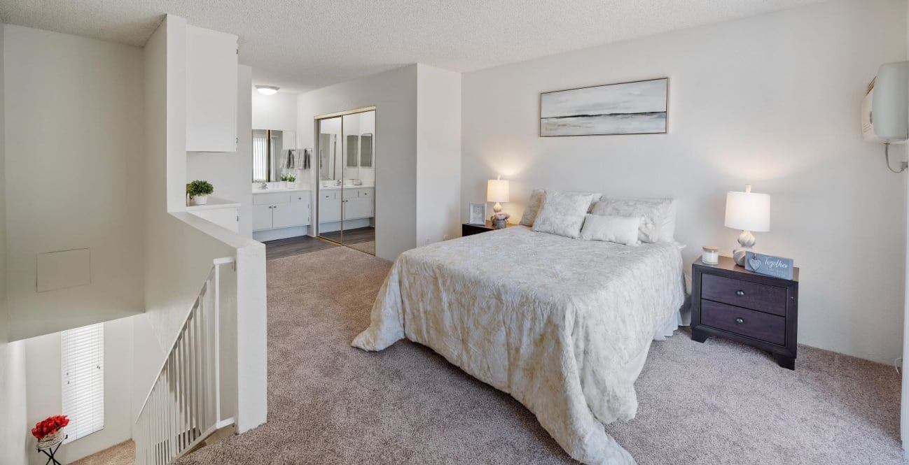 Spacious one bedroom townhome style apartment bedroom located on the second floor The Arbor in Studio City, California