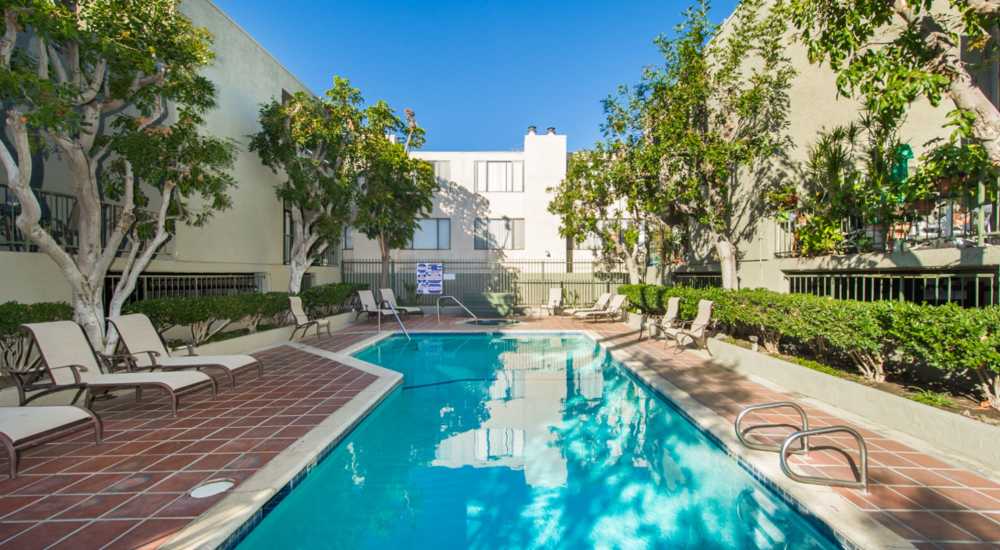 Sparkling pool at Encino Crest Apartments in Encino, California