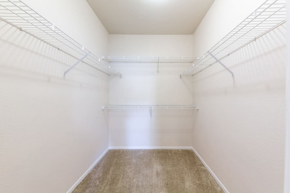 Walk-in closet with closet organizer at The Fairmont at Willow Creek in Folsom, California