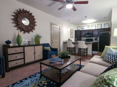 Living room of a model home with open kitchen concept at Anatole on MacArthur in Oklahoma City, Oklahoma