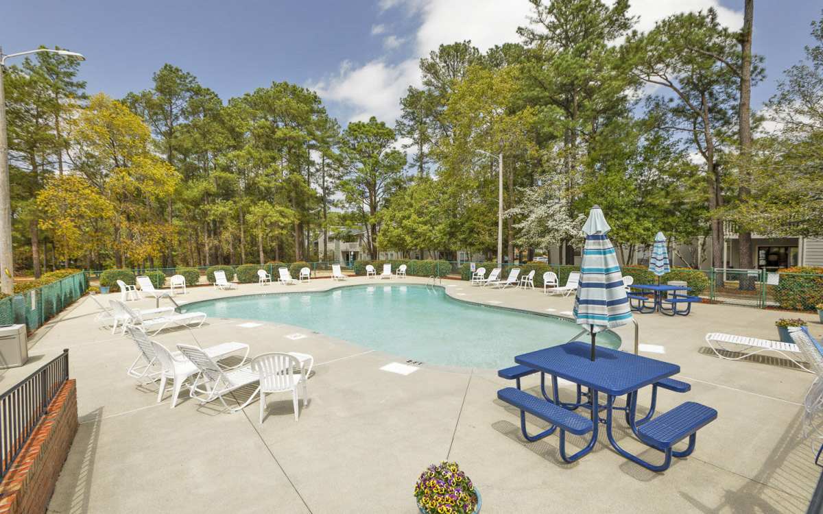Community swimming pool at Landmark Flats in Fayetteville, North Carolina