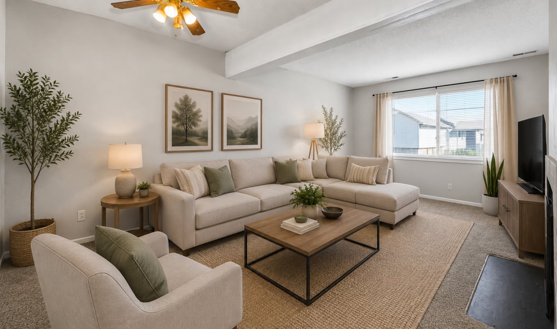 Living room with couch, chair, ceiling fan, flat screen television and carpet flooring at Union Flats & Townhomes in Lawrence, Kansas