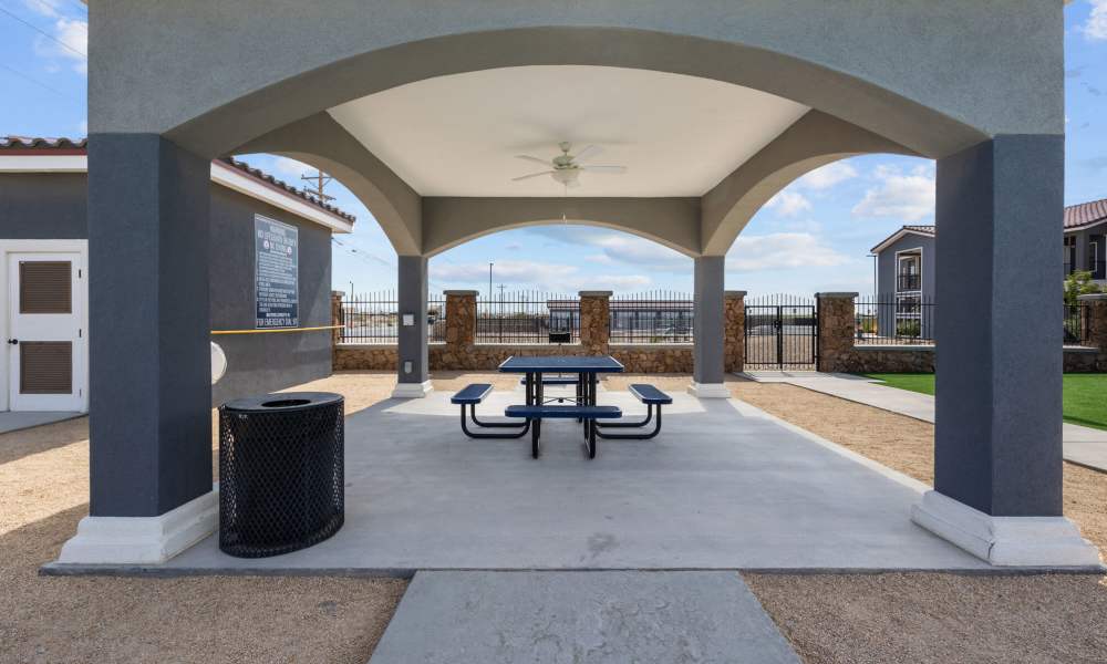 Covered seating area at District At Pellicano in El Paso, Texas 