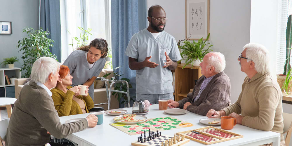 Residents socializing at Vista Prairie at North Pointe in North Mankato, Minnesota