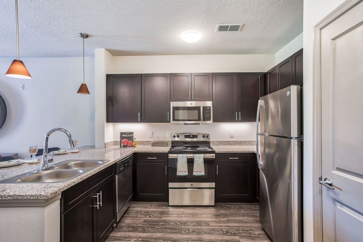 Stainless-steel appliances in an apartment kitchen at Sawgrass Creek in New Port Richey, Florida