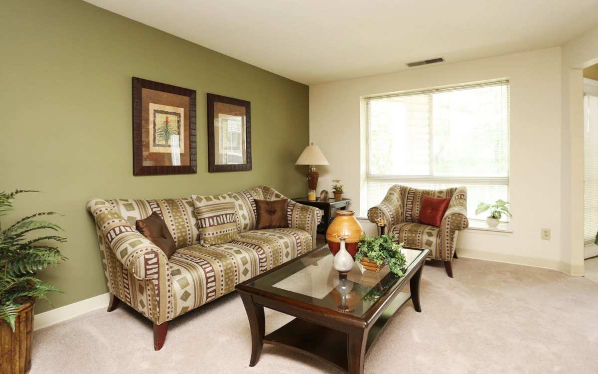 Finest living room with carpet flooring and window at Knights Bridge II in Burtonsville, Maryland