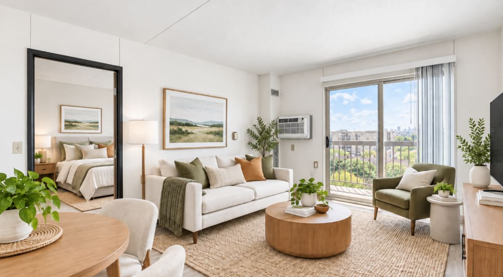 Spacious model living space with door to balcony at Village Center in Detroit, Michigan