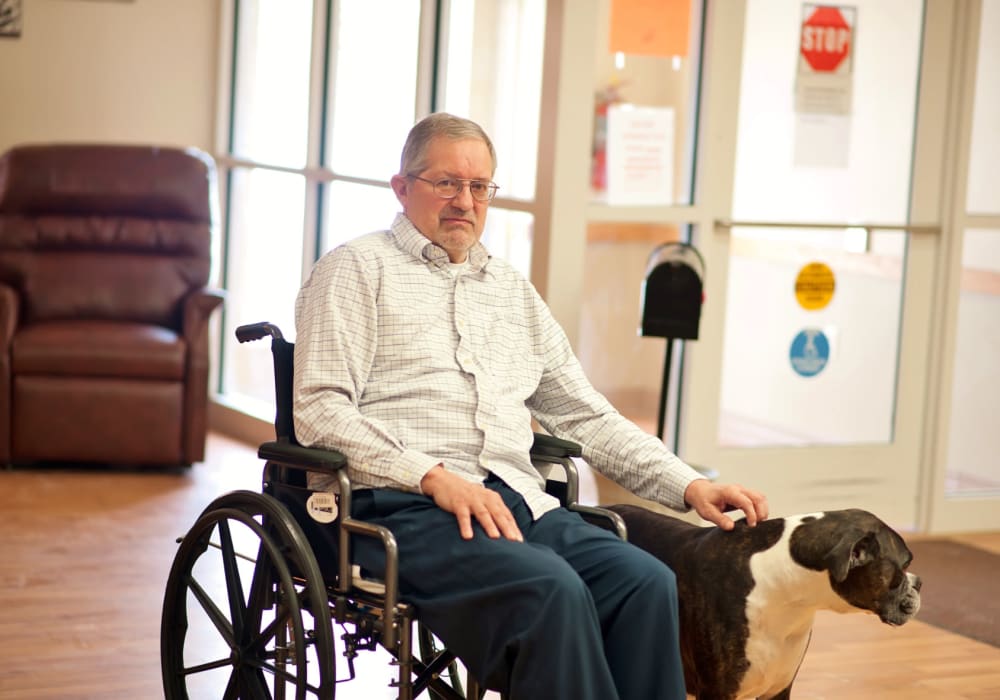 Resident getting a visit from their dog at Geneva Lake Manor in Lake Geneva, Wisconsin