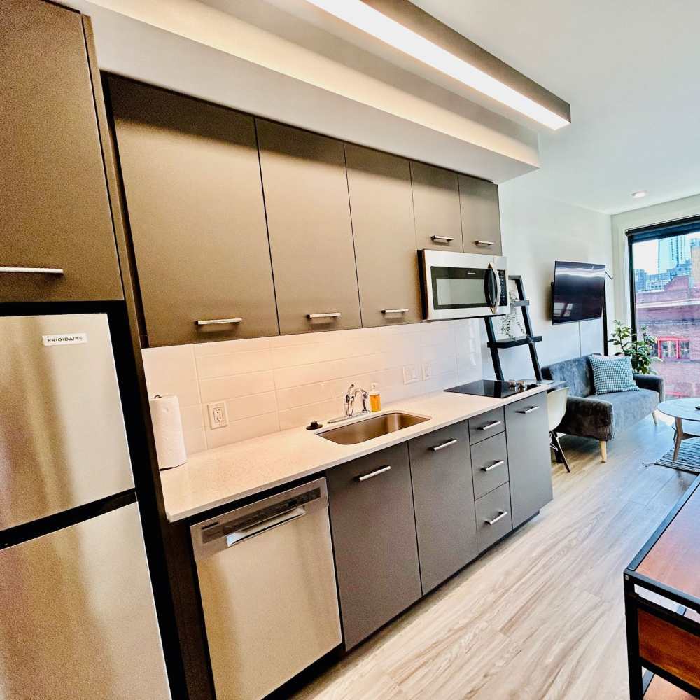 Kitchen with appliances at DOCK 59 in Portland, Oregon