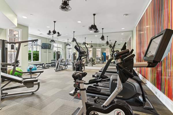 Well-equipped fitness center at Fountains at Mooresville Town Square in Mooresville, North Carolina