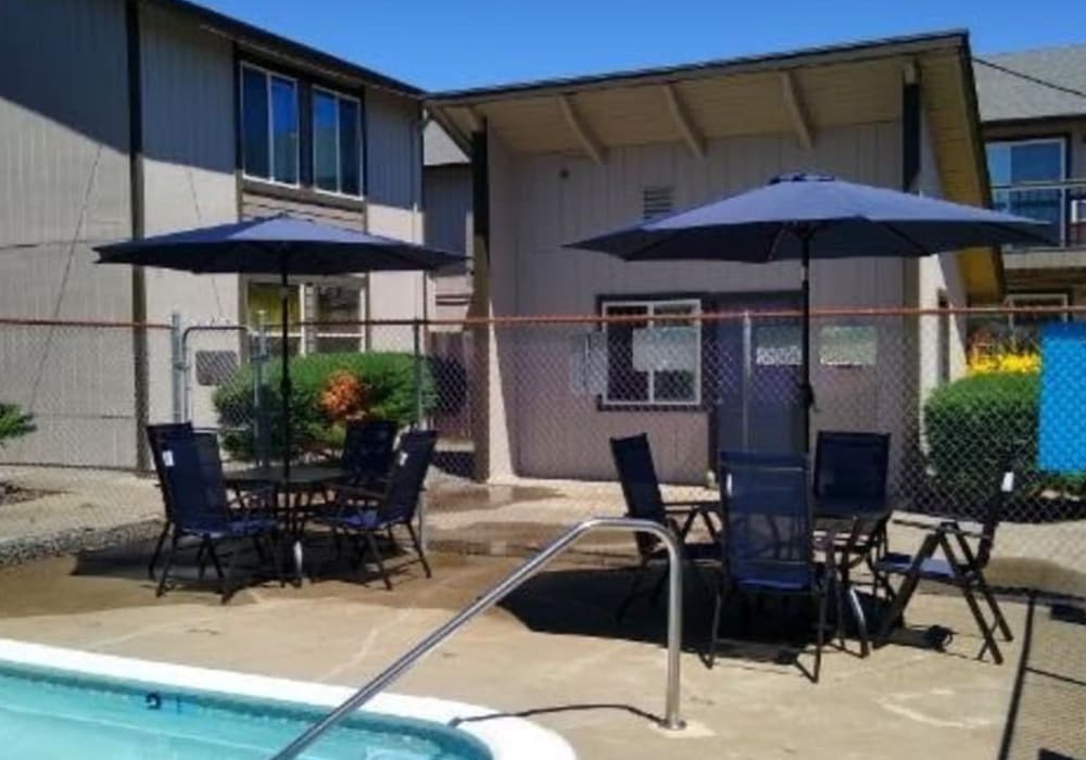 Resort style saltwater pool sundeck cabana at Alderwood in Ukiah, California