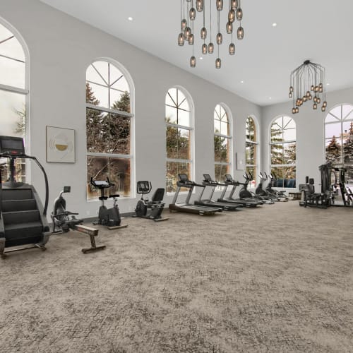 Cardio equipment in the fitness center at Vicksburg Village in Plymouth, Minnesota