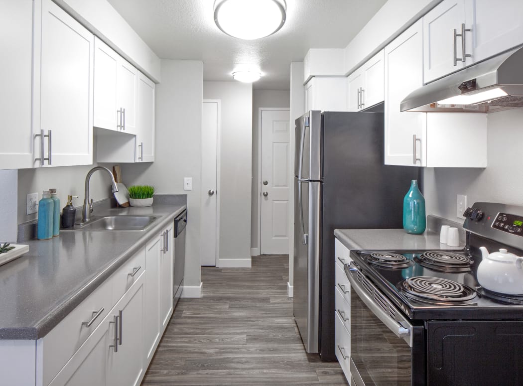 Modern, renovated kitchen in model home at Heatherbrae Commons in Milwaukie, Oregon
