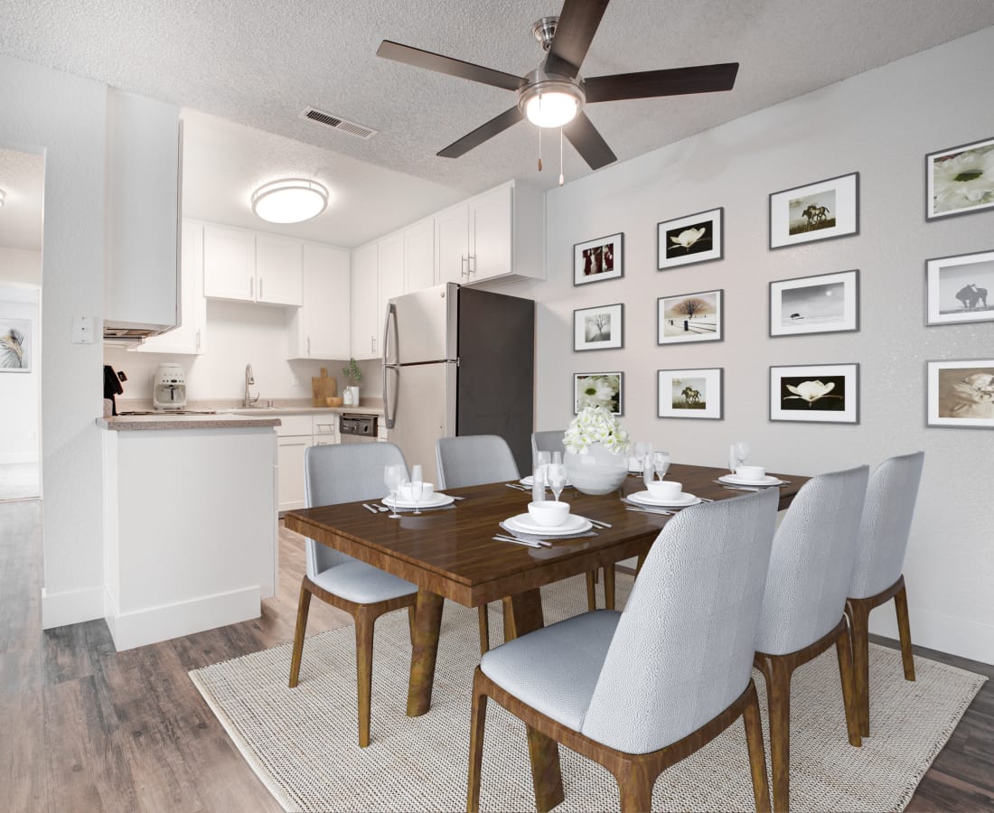 Model dining room and kitchen at The Edge in Modesto, California