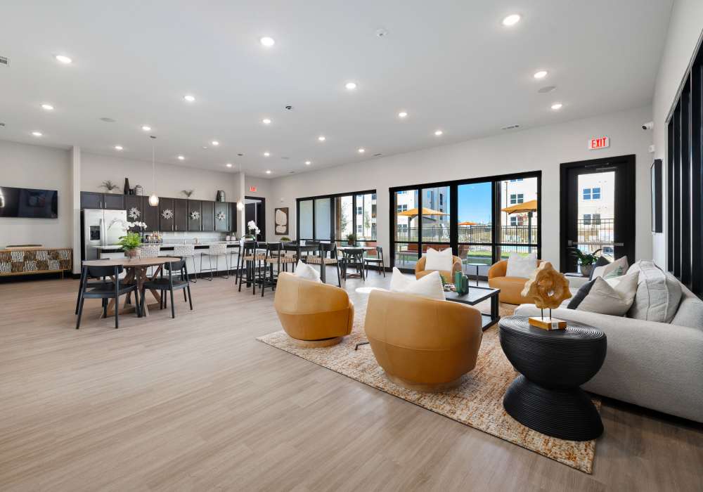 Clubhouse with modern seating at Balcones Trails in Kyle, Texas