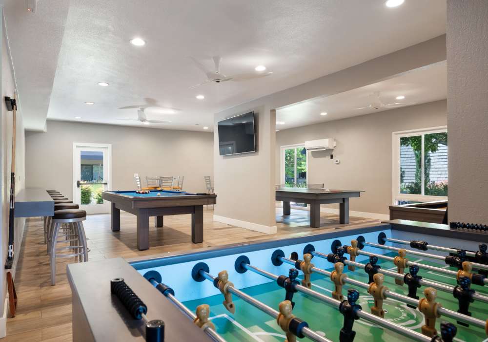 Harbor Cove Apartments in Foster City, California, has a clubhouse that features foosball and billiards.