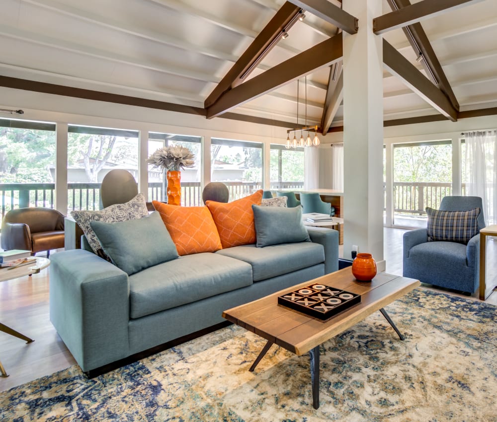 Comfortable couch and a beautiful area rug in the clubhouse at Sofi Fremont in Fremont, California