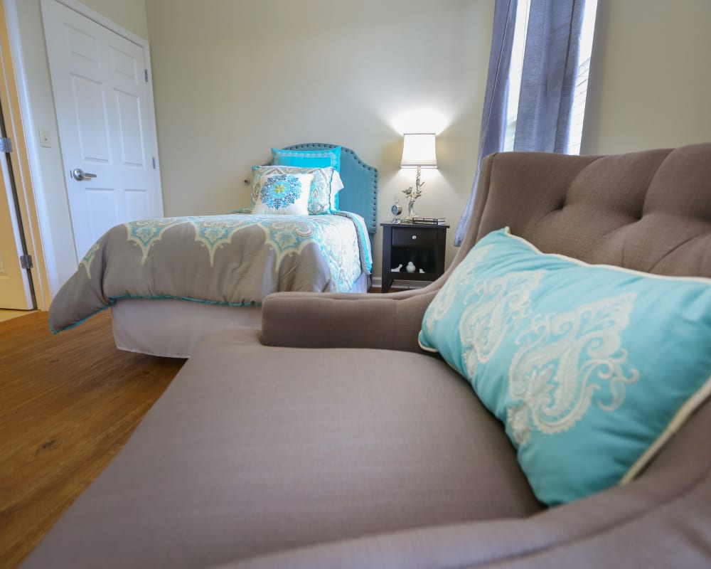 A decorated bedroom at The Harmony Collection at Columbia Assisted Living & Memory Care in Columbia, South Carolina