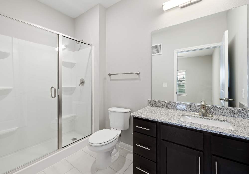 Bright bathroom with glass sliding doors at Preserve at Gresham Lake in Raleigh, North Carolina