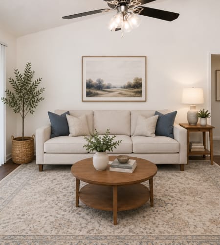 Furnished living room at Cloisters of Mount Holly in Mount Holly, North Carolina