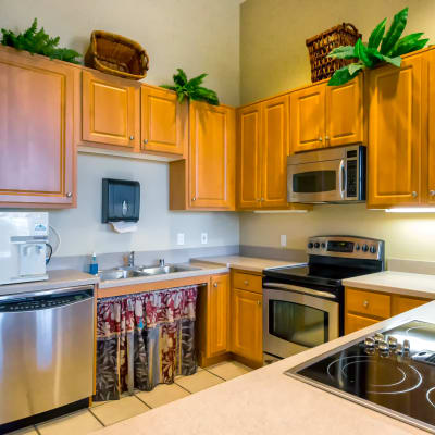 Wood cabinets and appliances in a kitchen at The Village at Serra Mesa in San Diego, California