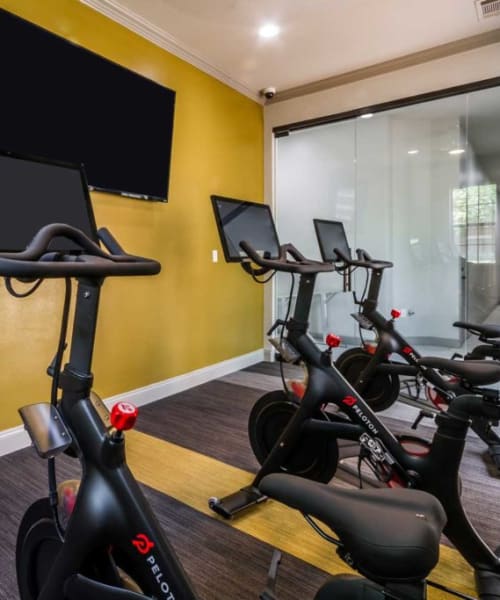 Exercise bikes in the fitness center at Legacy at Cypress in Cypress, Texas