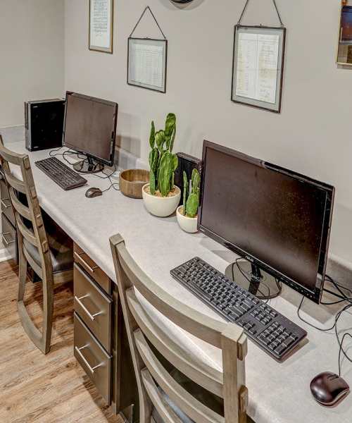 Two computer stations with monitors and keyboards, potted plants, and wooden flooring at Tristan Ridge in Eminence, Kentucky