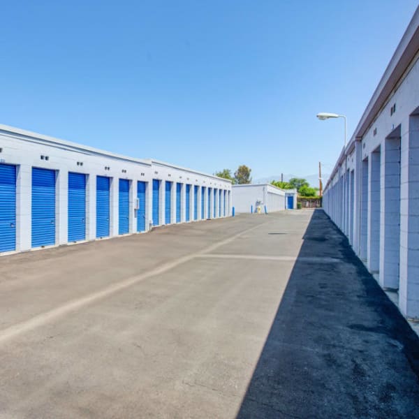 A row of storage units at StorQuest Self Storage in Rosemead, California