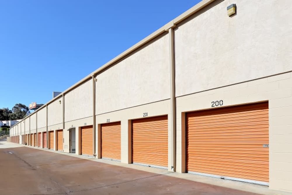 A row of outdoor storage units at A-1 Self Storage in San Diego, California