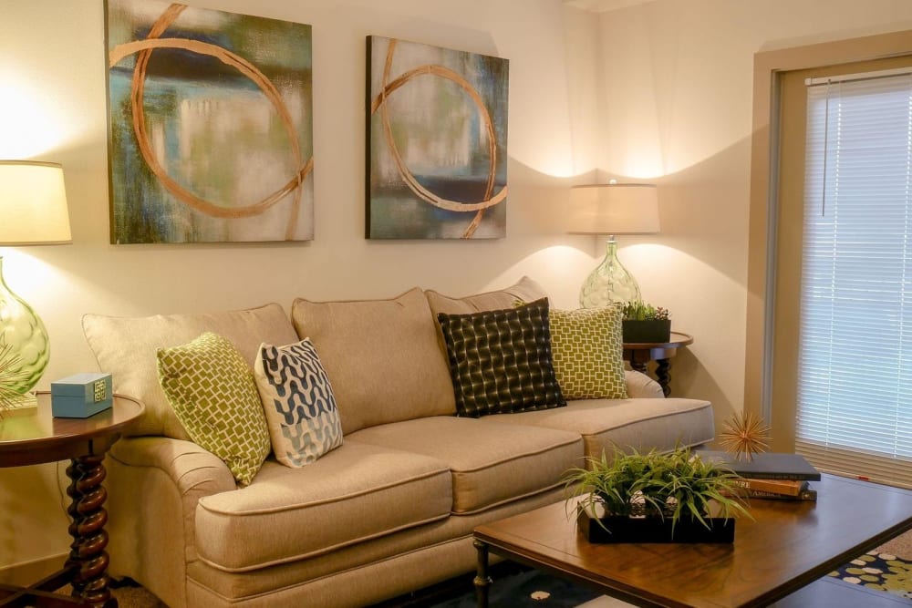Model living room and furnishings at Anatole on MacArthur in Oklahoma City, Oklahoma