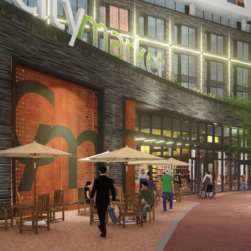 Bustling sidewalk and patio seating outside of Solaire 8200 Dixon in Silver Spring, Maryland